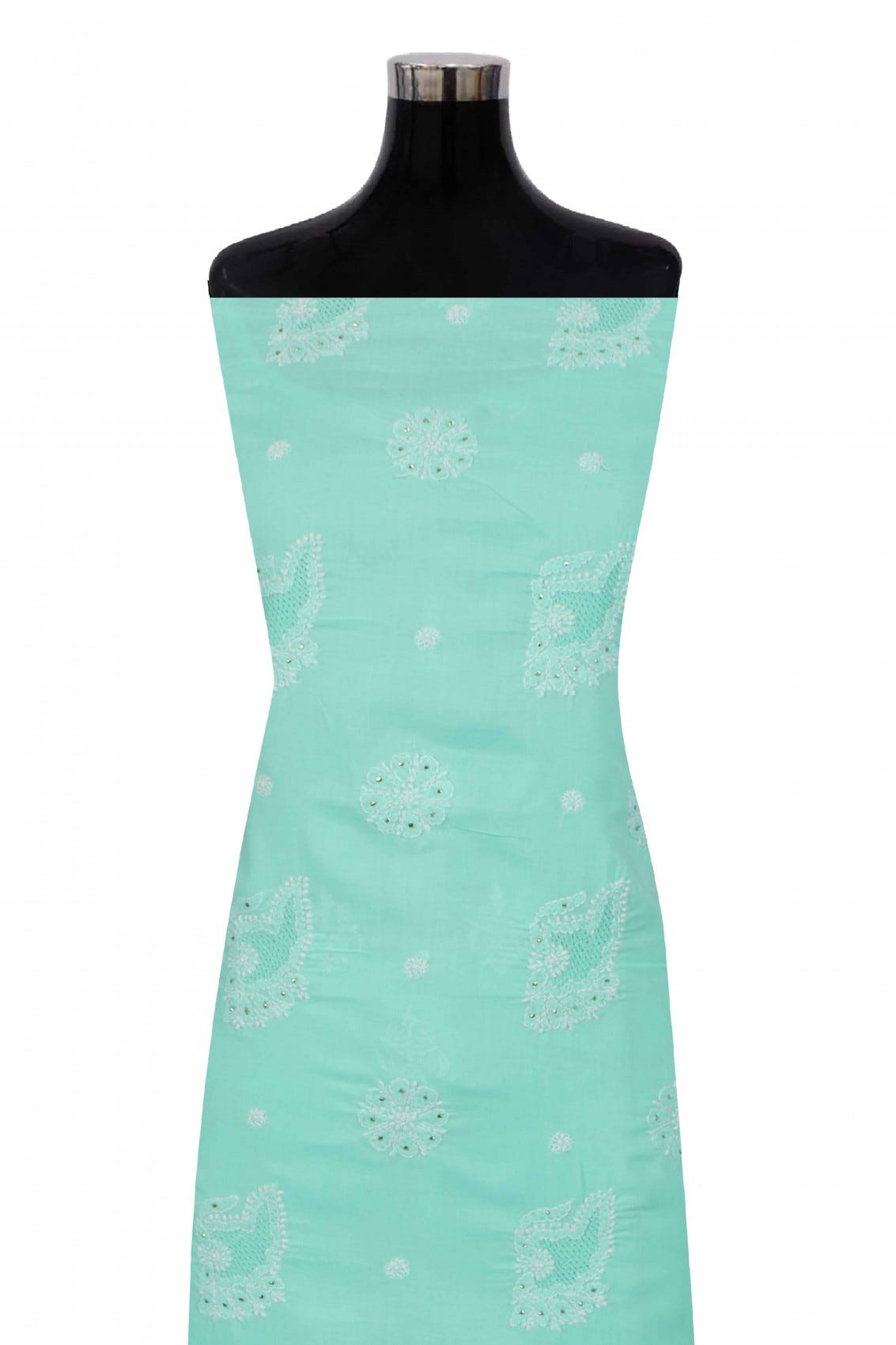 Ada Hand Embroidered Sea Green Cotton Lucknowi Chikankari Unstitched Suit Piece With Muqaish Work 01A204406