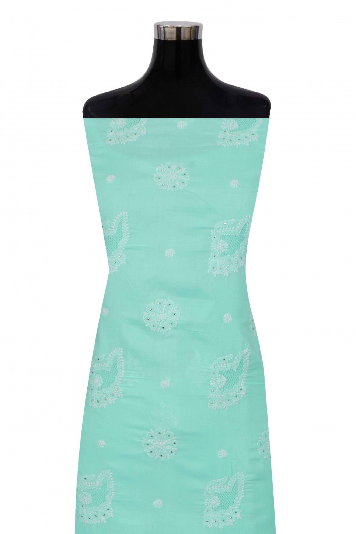 Ada Hand Embroidered Sea Green Cotton Lucknowi Chikankari Unstitched Suit Piece With Muqaish Work 01A204406