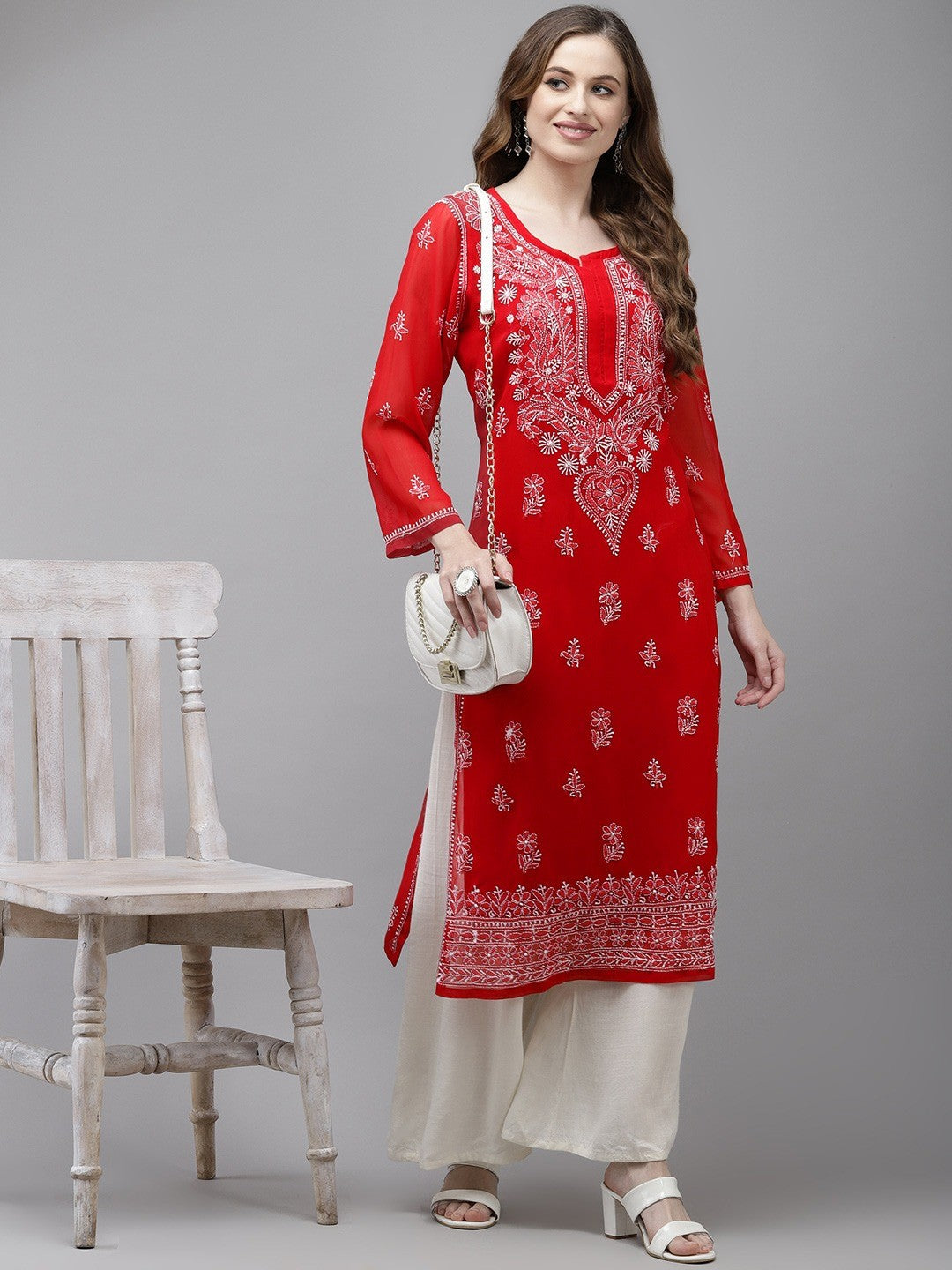 Ada Hand Embroidered Red Georgette Lucknow Chikan Kurta with Slip A411351