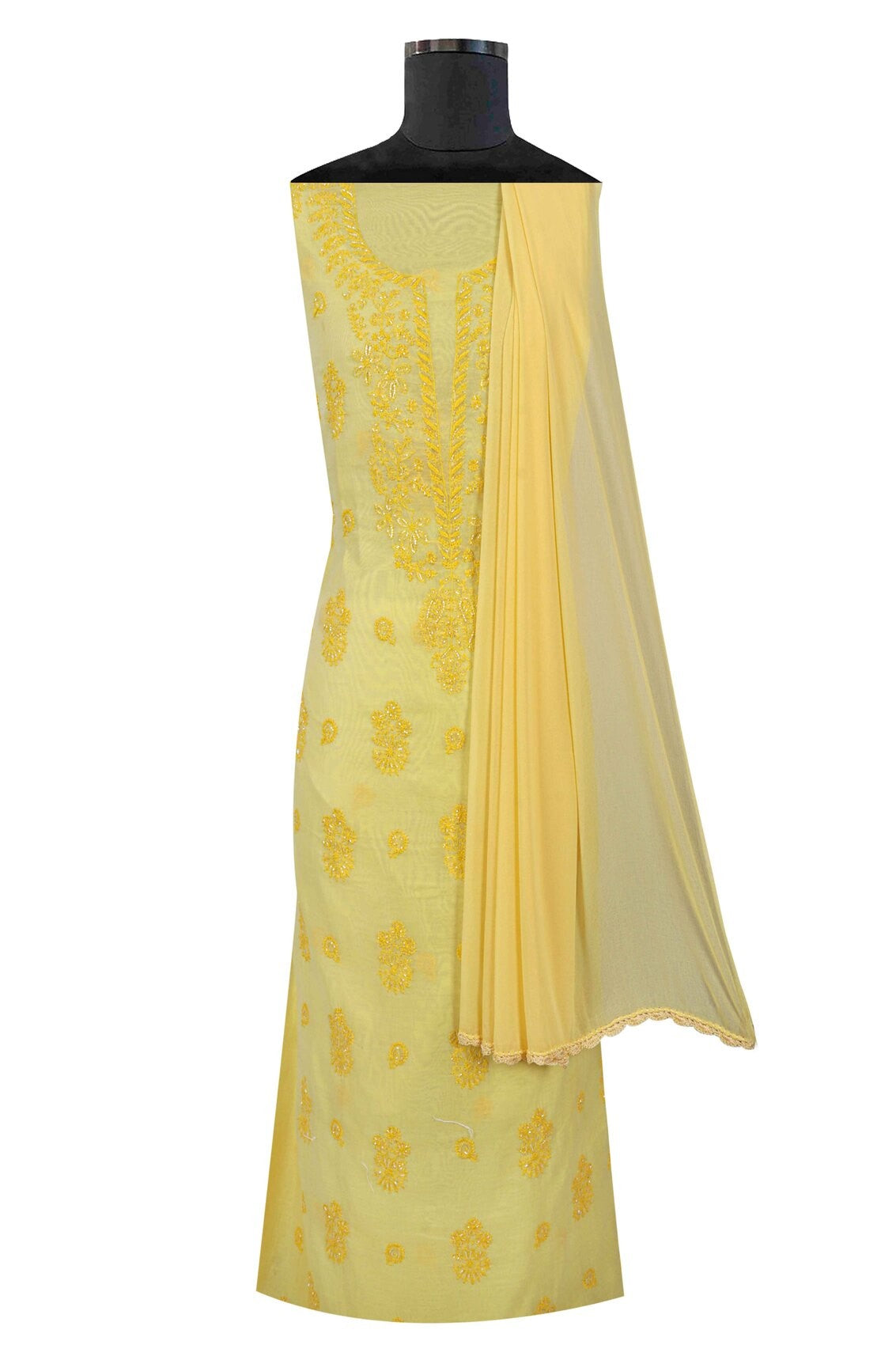 Ada Hand Embroidered Yellow Cotton Lucknowi Chikankari Unstitched Suit Piece With Cutdana Work A615368