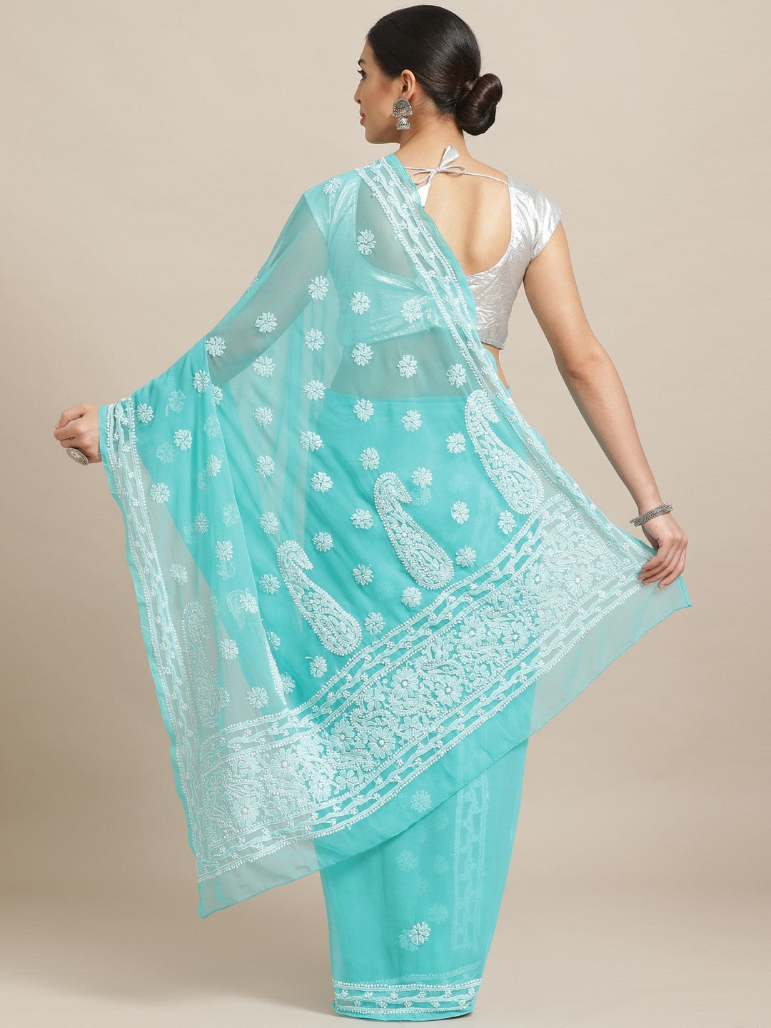 Ada Hand Embroidered Sea Green Georgette Lucknow Chikan Saree with Blouse A100574