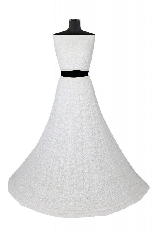 Ada Hand Embroidered White Pure Georgette Lucknowi Chikankari Lehenga Set– A562579