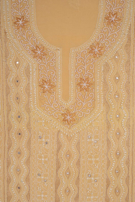 Ada Hand Embroidered Fawn Georgette Lucknowi Chikan Unstitched Kurta Piece With Pearl Work A511714
