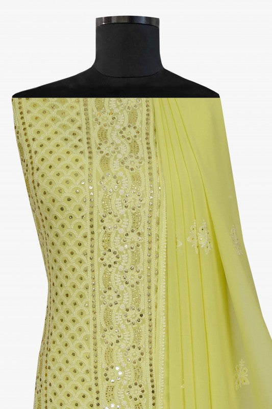 Ada Hand Embroidered Lime Green Pure Georgette Lucknowi Chikan Unstitched Kurta-Dupatta set With Muqaish Work–A532931