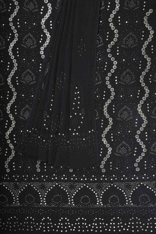 Ada Hand Embroidered Black Pure Georgette Chikan Unstitched Kurta Dupatta Set With Muqaish Work- A303052