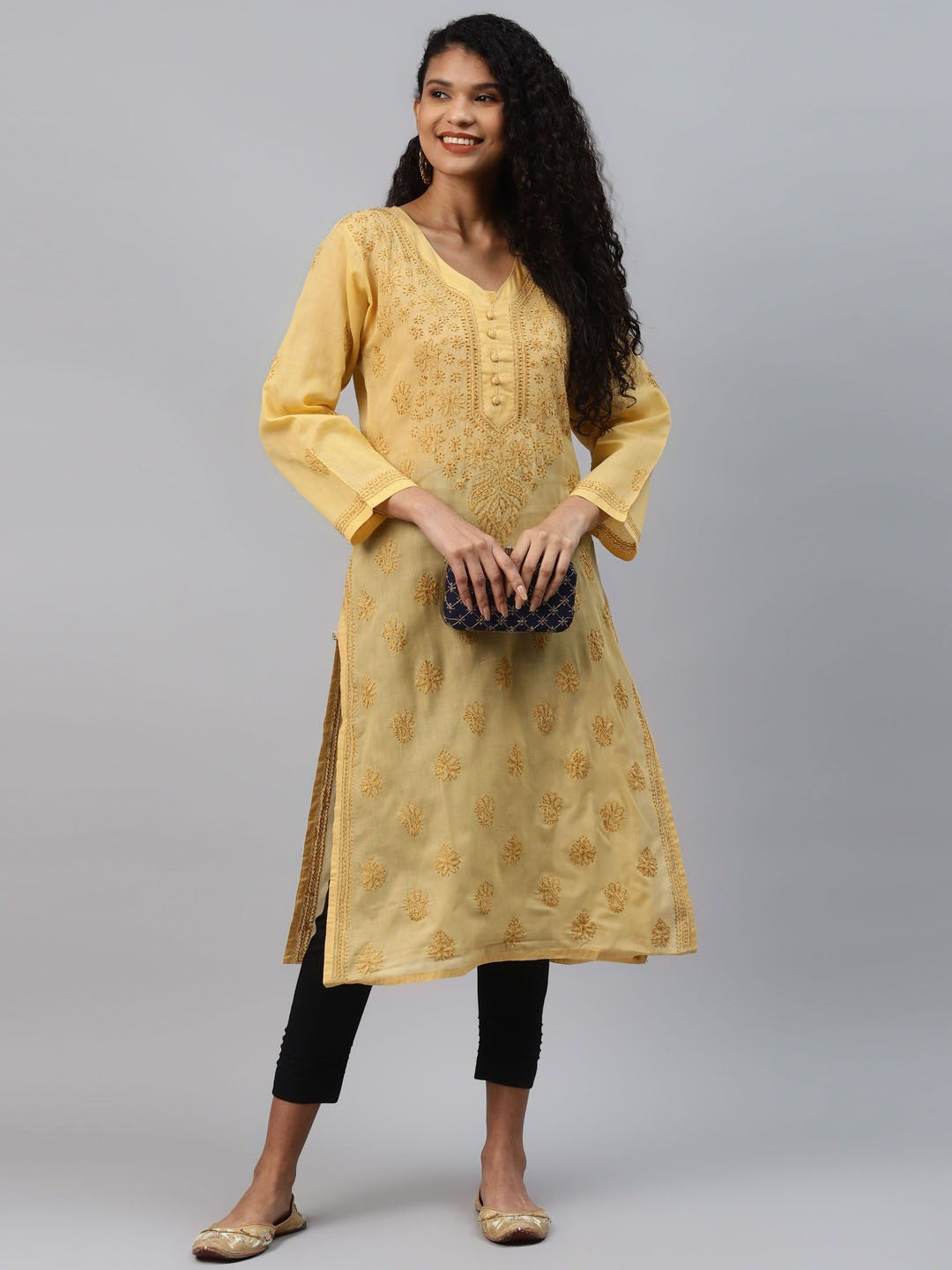 Ada Hand Embroidered Fawn Cotton Lucknowi Chikankari Straight Kurta Set A811203