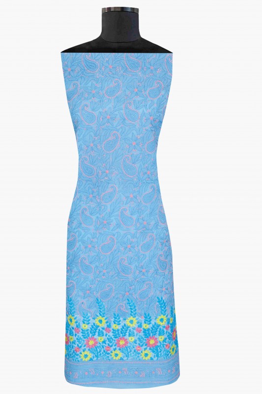 Ada Hand Embroidered Blue Cotton Lucknowi Chikan Unstitched Suit Piece-A100166