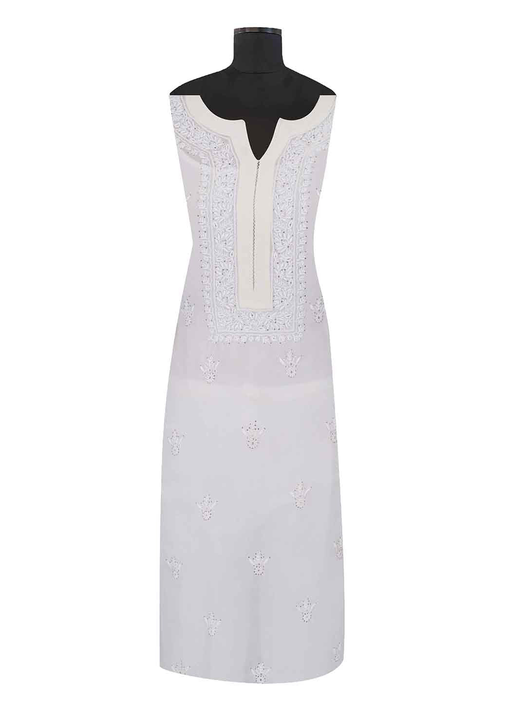 Ada Hand Embroidered White Pure Georgette Lucknowi Chikan Semi-stitched Kurta Piece With Muqaish Work A353877
