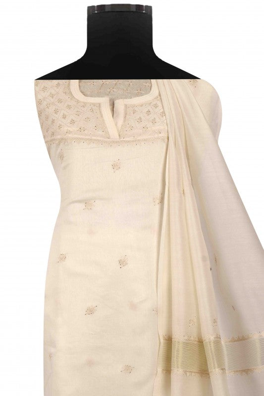 Ada Hand Embroidered Cream Chanderi Lucknowi Chikan Unstitched Kurta Dupatta Set A595357