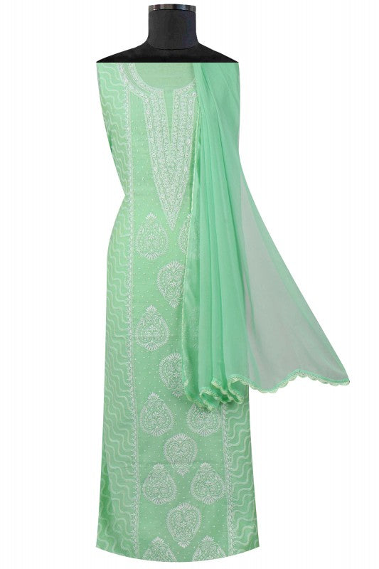 Ada Hand Embroidered Green Chanderi Lucknowi Chikan Unstitched Suit Piece A594933