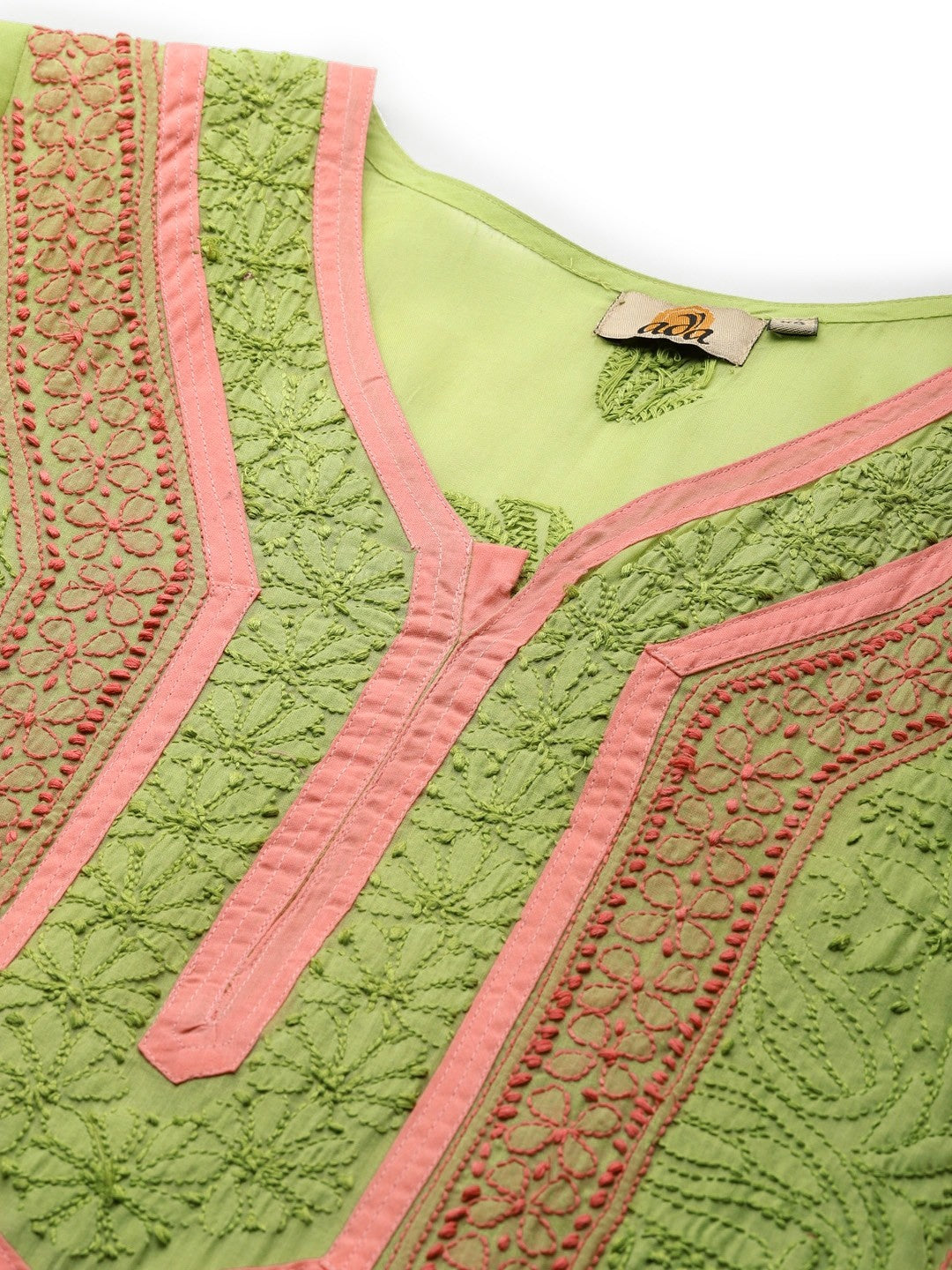Ada Hand Embroidered Green Cotton Lucknow Chikan Kurta-A272661