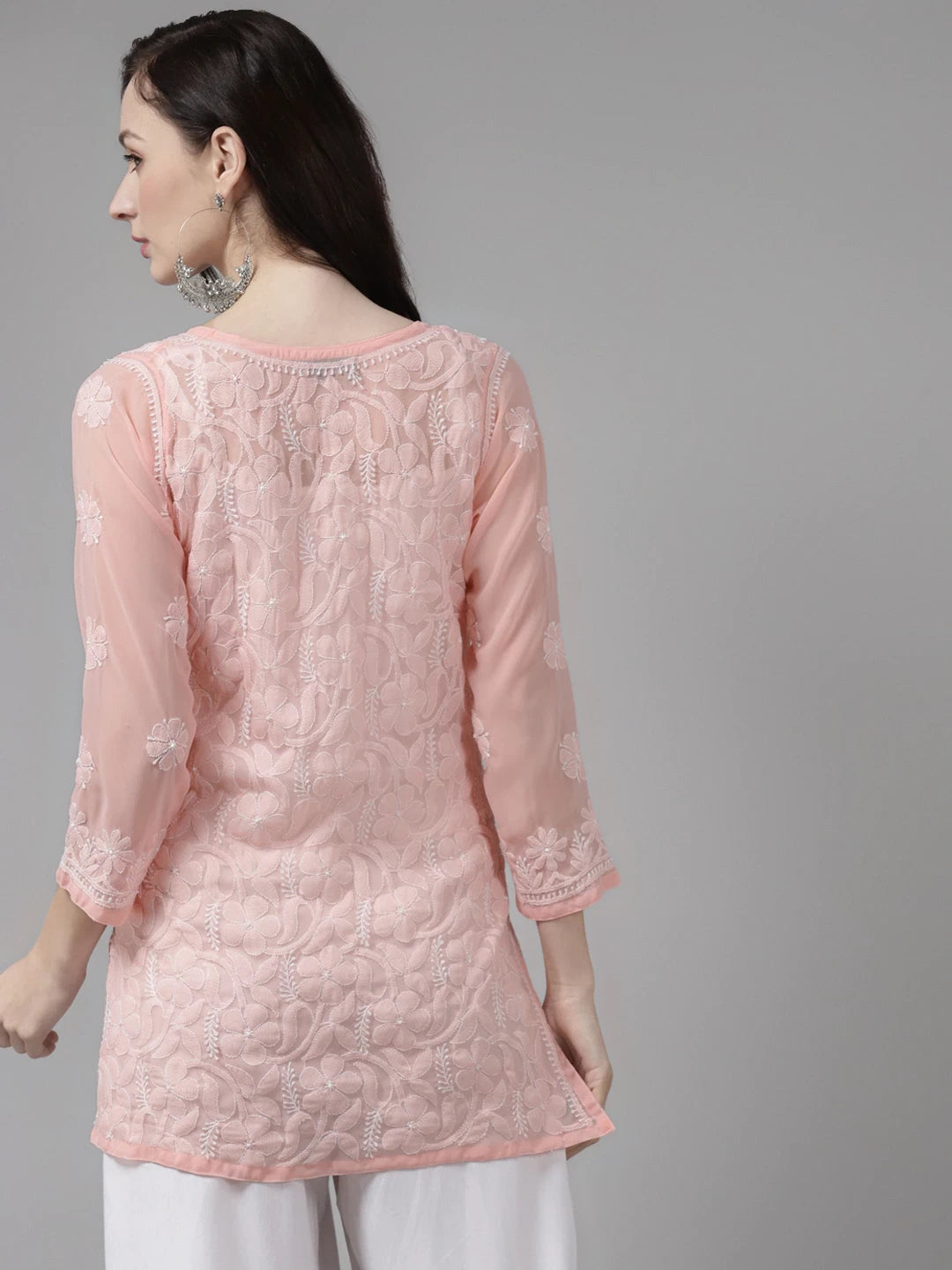 Ada Hand Embroidered Peach Georgette Lucknow Chikan Kurti A911153
