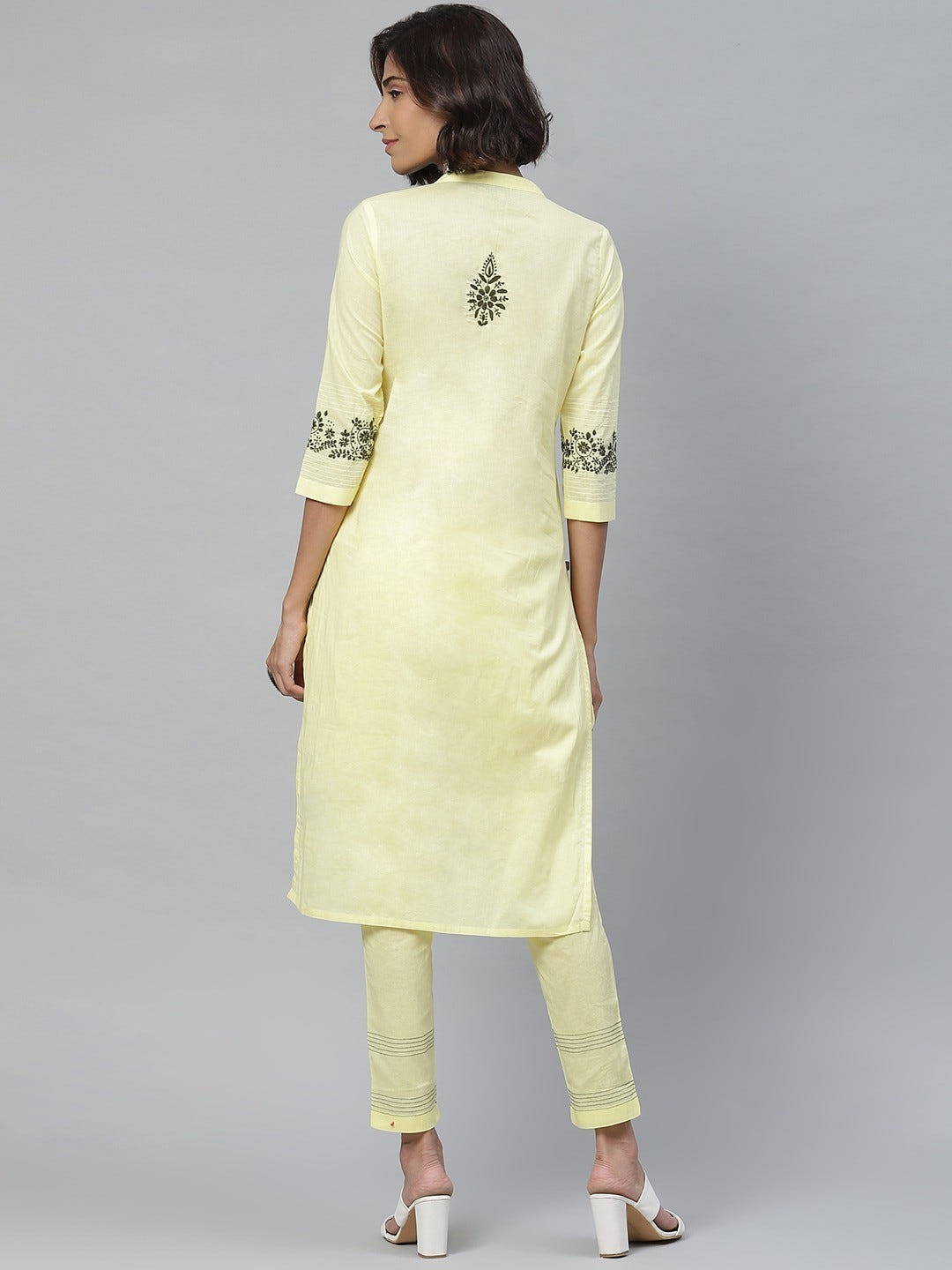 Ada Hand Embroidered Lemon Cotton Lucknowi Chikankari Straight Kurta With Trouser Set A100340