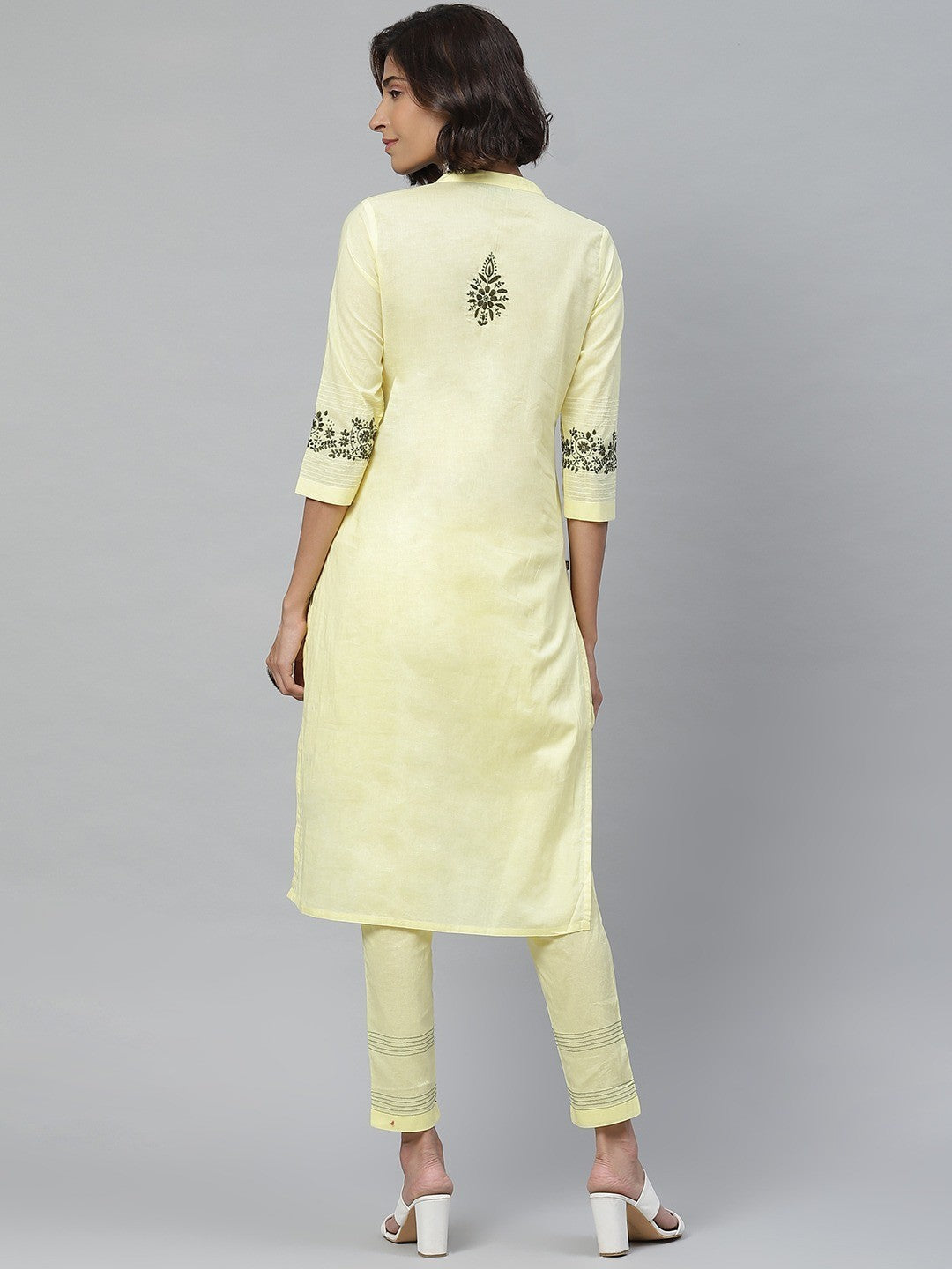 Ada Hand Embroidered Lemon Cotton Lucknowi Chikankari Straight Kurta With Trouser Set A100340