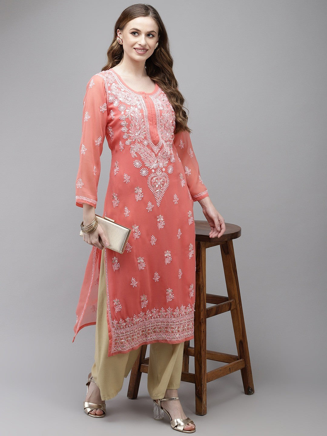 Ada Hand Embroidered Peach Georgette Lucknow Chikan Kurta/Slip with Gota Patti work A411356