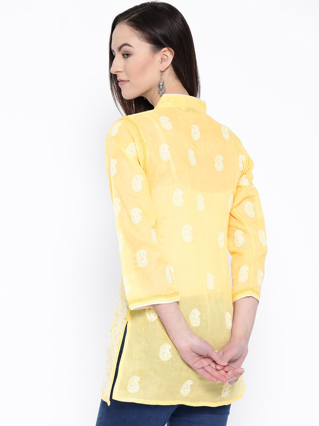 Ada Hand Embroidered Yellow Cotton Lucknow Chikan Kurti– A100222