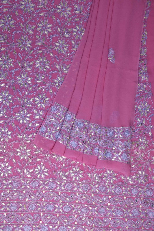 Ada Hand Embroidered Mauve Pure Georgette Lucknowi Chikan Unstitched Kurta Dupatta Set With Gota Patti Work A555296