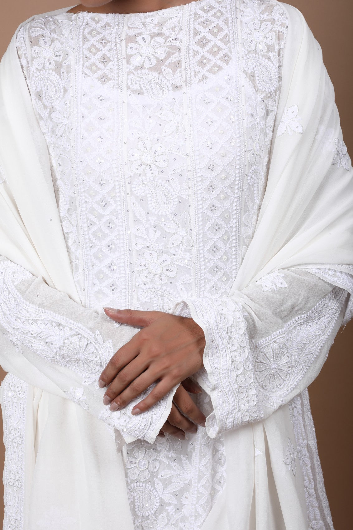 Ada Hand Embroidered White Pure Georgette Lucknowi Chikankari Semi-Stitched Anarkali Kurta Dupatta Set With Pearl Work 01A238020