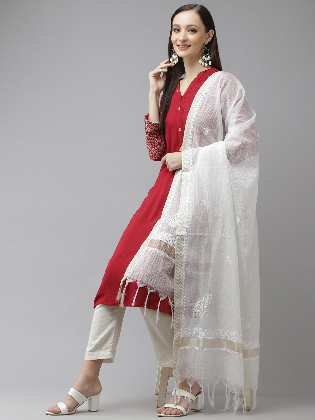 Ada Hand Embroidered White Kota Lucknowi Chikankari Dupatta A511193