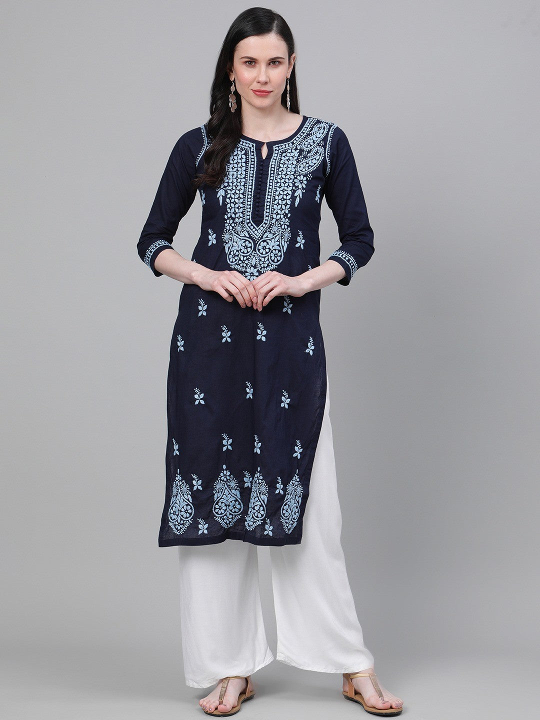 Ada Hand Embroidered Navy Blue Cotton Lucknowi Chikankari Kurta A411146