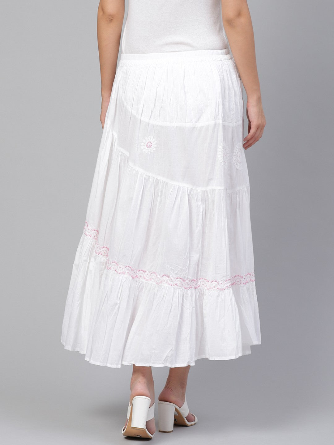 Ada Hand Embroidered White And Pink Cotton Lucknow Chikan Skirt A100312