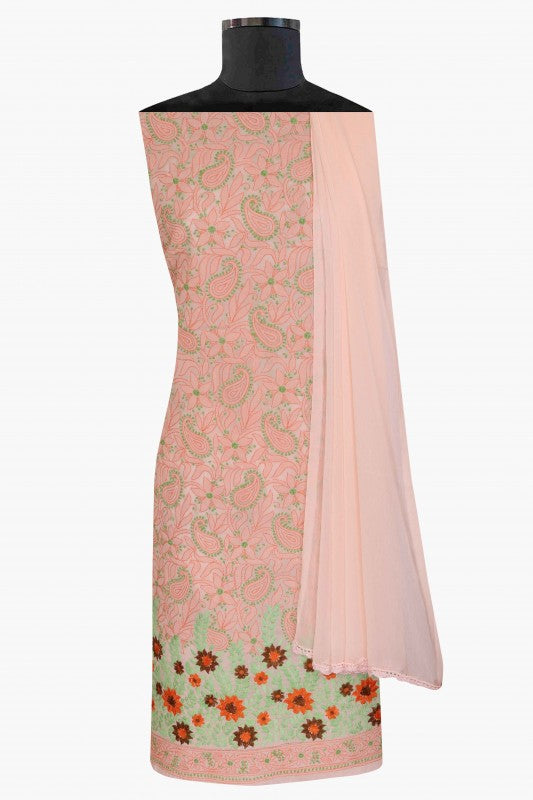 Ada Hand Embroidered Peach Cotton Lucknowi Chikan Unstitched Suit Piece-A100162