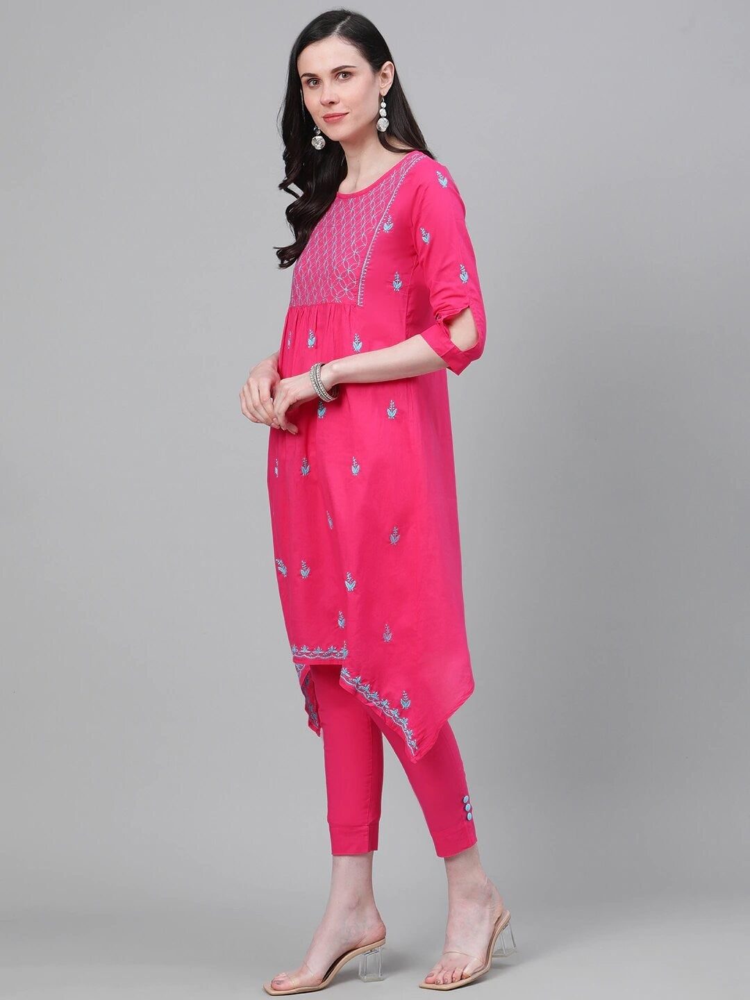 Ada Hand Embroidered Dark Pink Cotton Lucknowi Chikankari Kurta With Trouser A100336