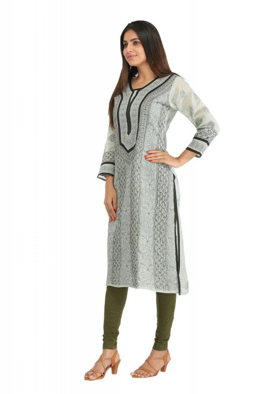 Ada Hand Embroidered Grey Cotton Lucknowi Chikankari Straight Kurta A273511