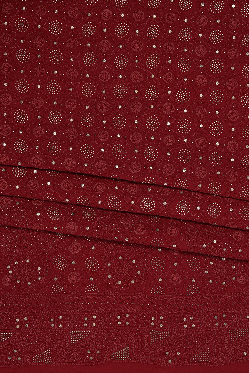 Ada Hand Embroidered Garnet Red Georgette Lucknowi Chikan Unstitched Kurta Dupatta Set With Muqaish Work- A610637