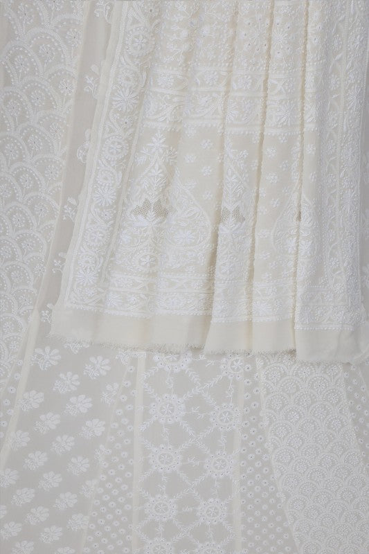 Ada Hand Embroidered White Pure Georgette Lucknowi Chikankari Lehenga Set A623411