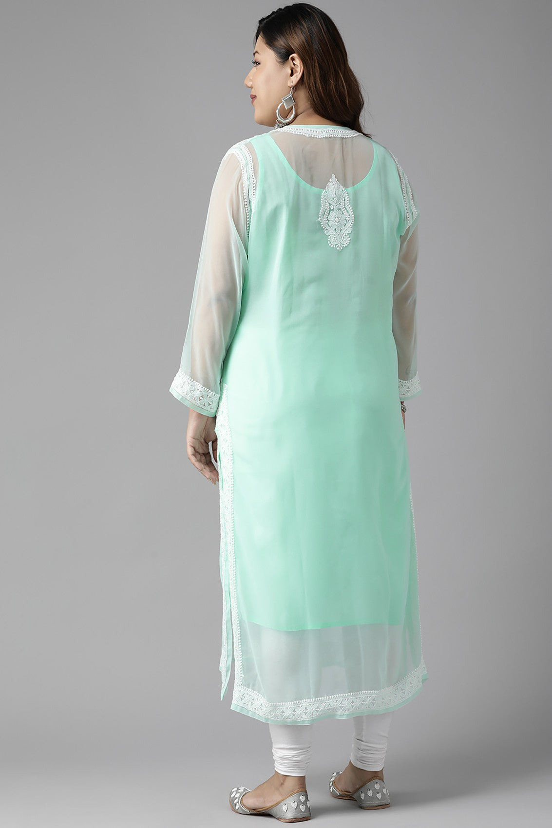 Ada Hand Embroidered Sea Green Georgette Lucknow Chikan Straight Kurta with Slip A411363