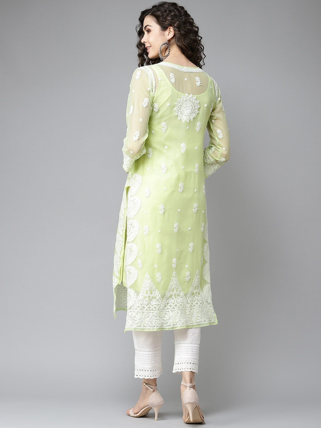 Ada Hand Embroidered Green Georgette Lucknowi Chikankari Straight Kurta With Slip A411199