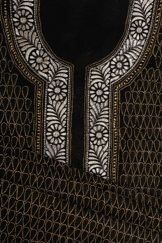Ada Hand Embroidered Black Cotton Lucknowi Chikan Unstitched Suit Piece A100183