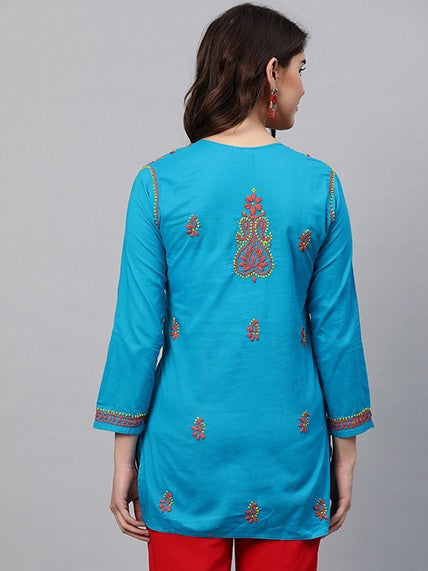 Ada Hand Embroidered Blue Cotton Lucknowi Chikankari Straight Kurti A226896