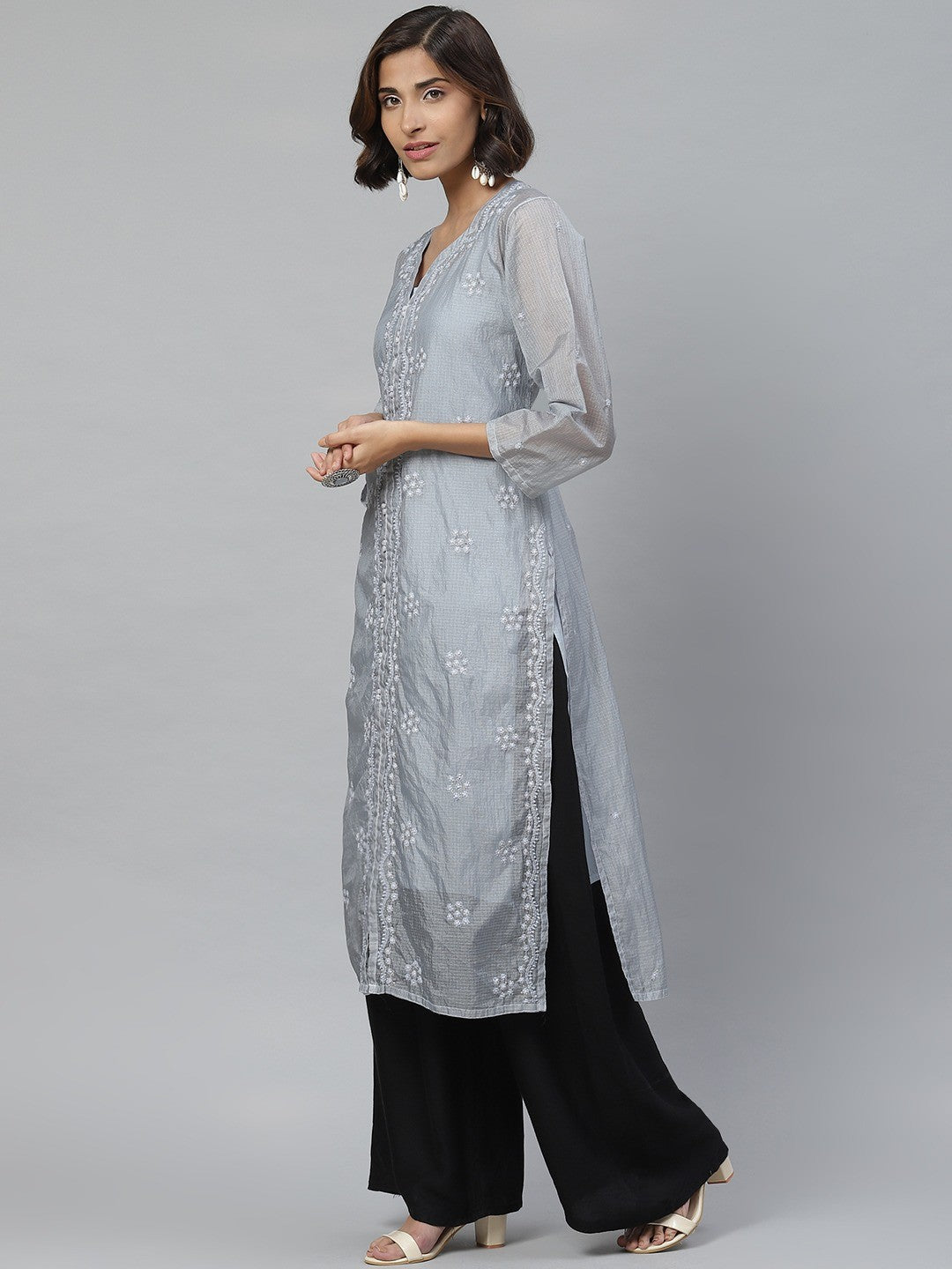 Ada Hand Embroidered Grey Kota Lucknowi Chikan Straight Kurta/Slip with Muqaish Work A411125