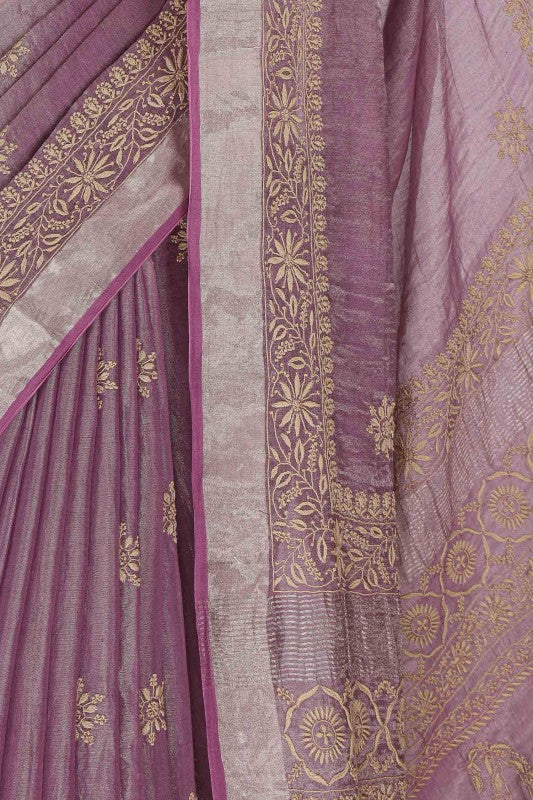 Ada Hand Embroidered Byzantium Purple Tissue Lucknowi Chikankari Saree With Blouse- A615151