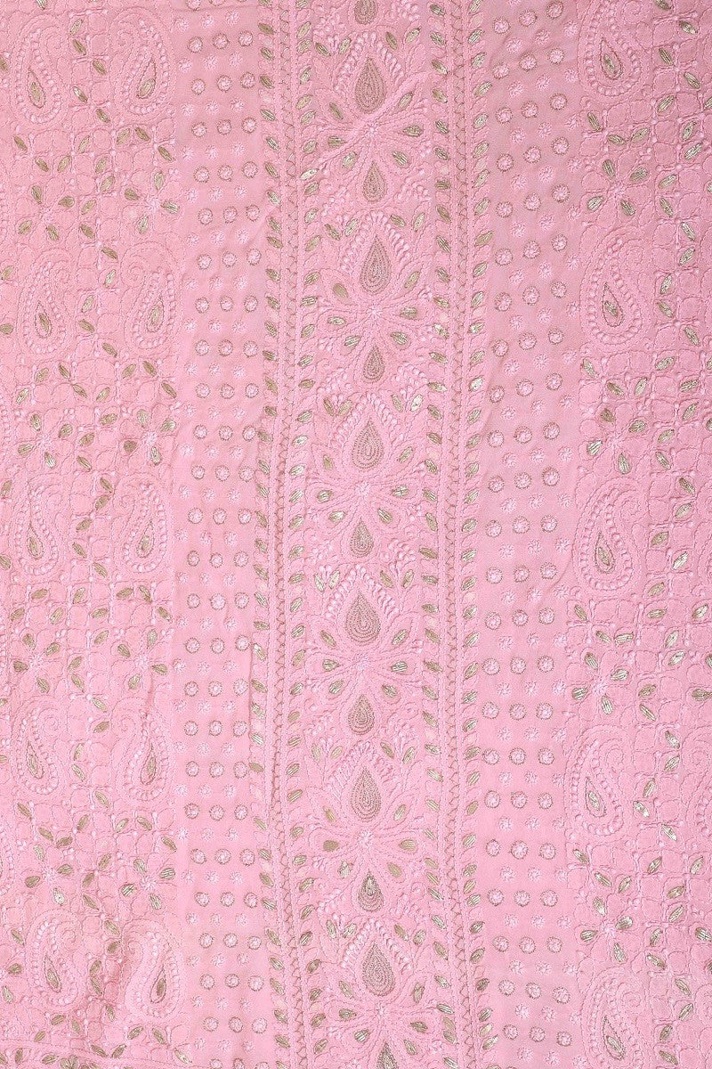 Ada Hand Embroidered Baby Pink Georgette Lucknowi Chikan Unstitched Kurta Piece with Gota Patti Work A579389
