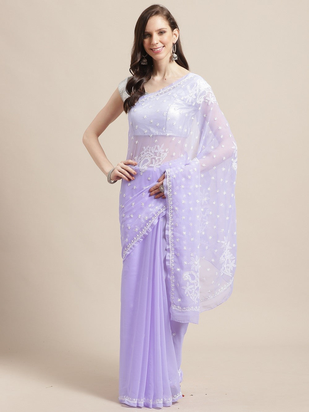 Ada Hand Embroidered Mauve Georgette Lucknow Chikan Saree With Blouse-A233468