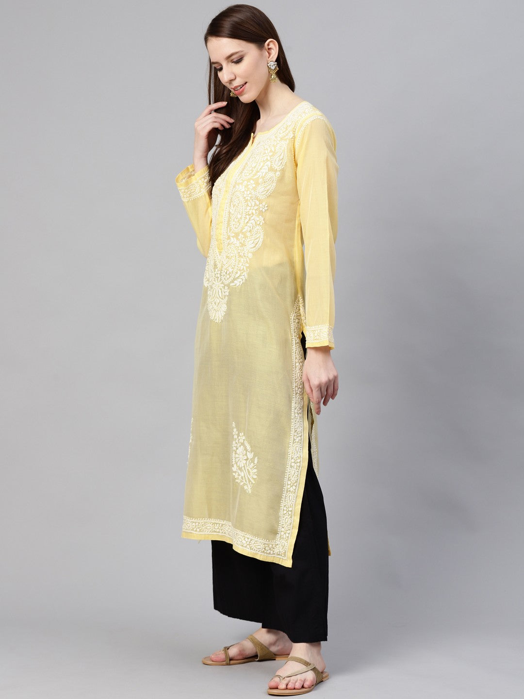 Ada Hand Embroidered Yellow Chanderi Lucknow Chikankari Kurta- A100597