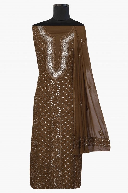 Ada Hand Embroidered Brown Georgette Lucknowi Chikan Unstitched Kurta Dupatta Set With Gota Patti Work- A590960