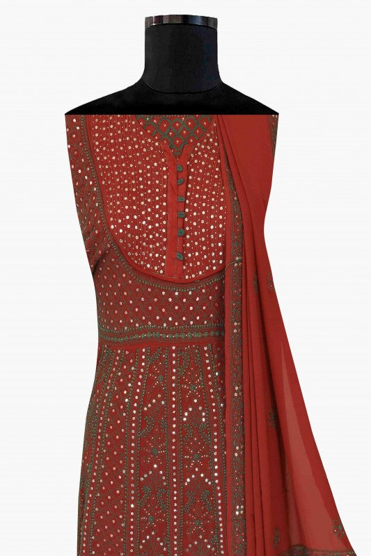 Ada Hand Embroidered Maroon Pure Georgette Lucknowi Chikan Semi-stitched Anarkali Kurta Dupatta Set with Muqaish Work A607991