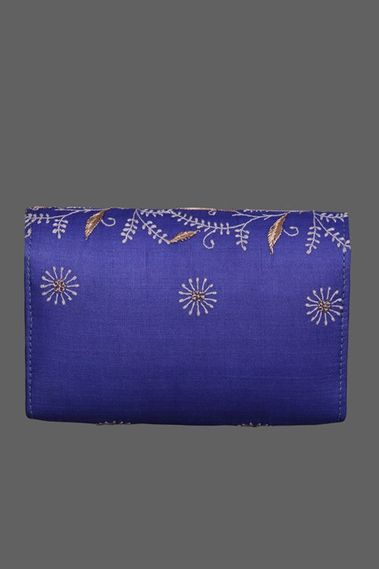 Ada Hand Embroidered Royal Blue Silk Lucknowi Chikankari Clutch With Zari Work 01A303633