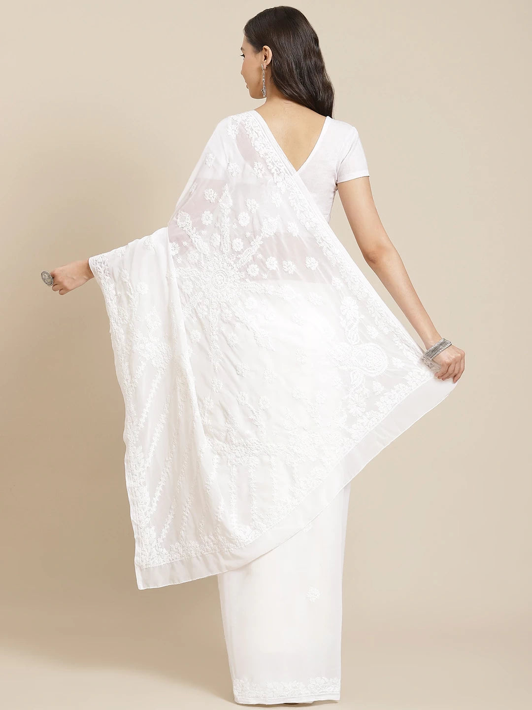 Ada Hand Embroidered White Georgette Lucknow Chikan Saree with Blouse A129607