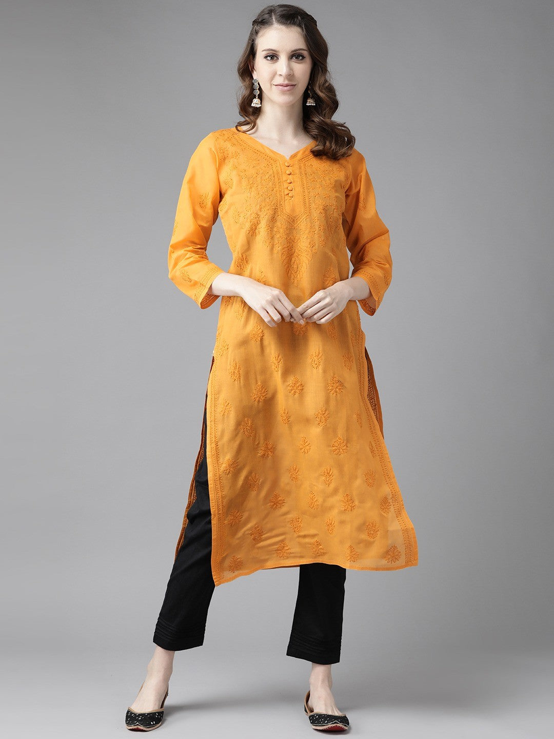 Ada Hand Embroidered Mustard Cotton Lucknowi Straight Chikankari Kurta Set A811174