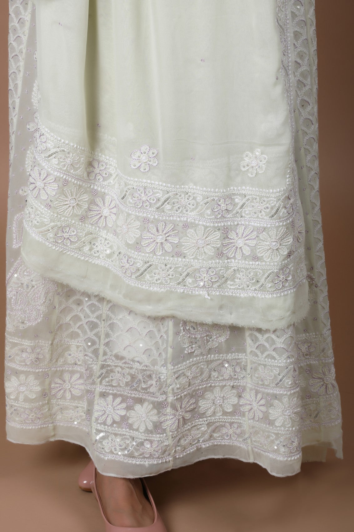 Ada Hand Embroidered Lime Green Pure Georgette Lucknowi Chikankari Semi-Stitched Anarkali Kurta Dupatta Set With Sequinned Work 01A194514