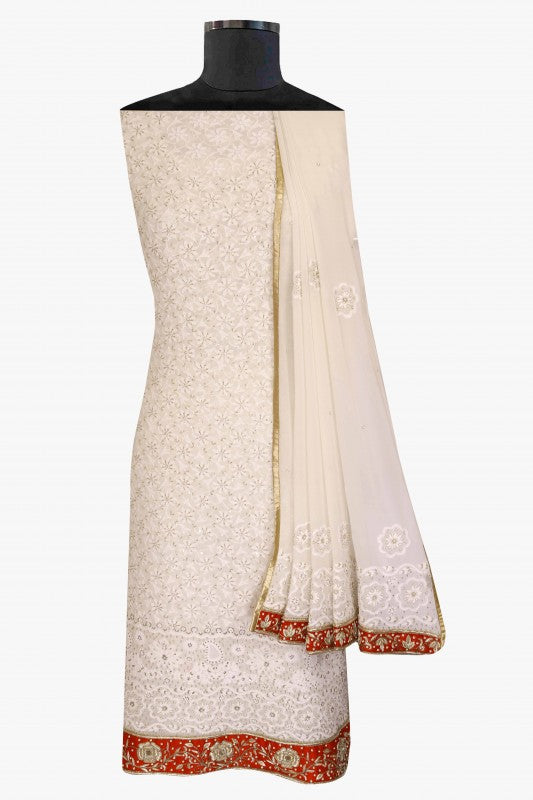 Ada Hand Embroidered Off White Pure Georgette Lucknowi Chikan Unstitched Kurta Dupatta Set with Pearl & Sequinned Work A227700