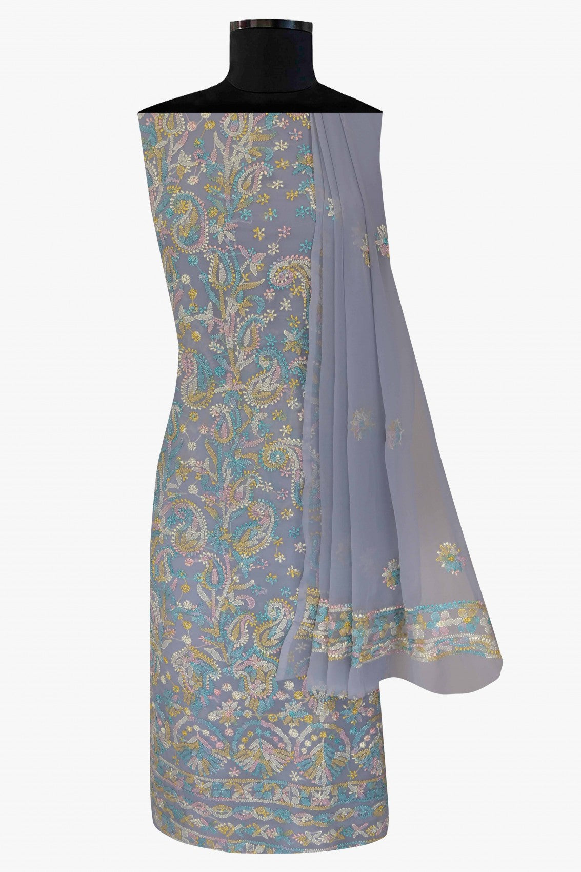 Ada Hand Embroidered Grey Georgette Lucknowi Chikankari Unstitched Suit Piece A211197