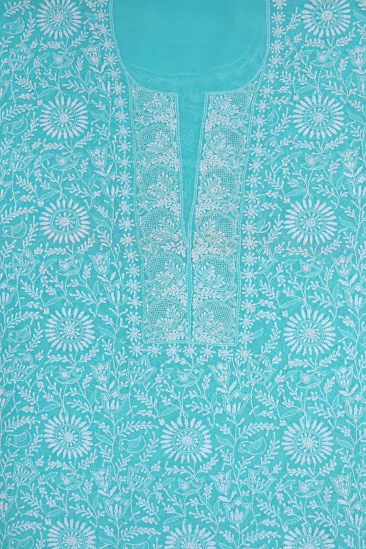 Ada Hand Embroidered Blue Pure Georgette Lucknowi Chikan Unstitched Kurta Dupatta Set A544138
