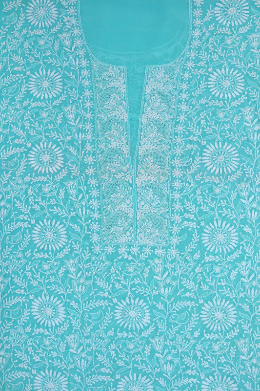 Ada Hand Embroidered Blue Pure Georgette Lucknowi Chikan Unstitched Kurta Dupatta Set A544138