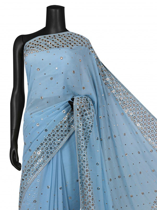 Ada Hand Embroidered Maya Blue Pure Georgette Lucknowi Chikankari Saree/Blouse with Muqaish Work A621526